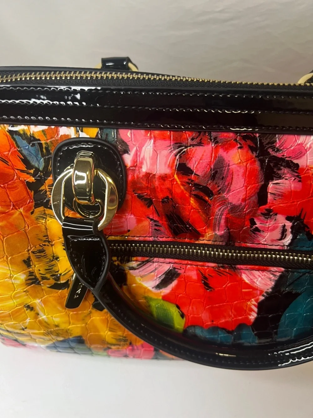 Feimina Genuine Leather embossed Floral Patent Satchel Handbag - Picture 9 of 16